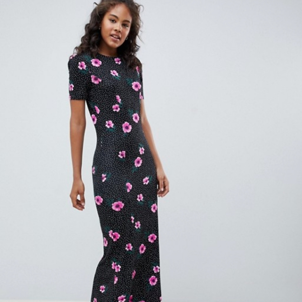 Floral Short Sleeve Maxi Stretchy Tea Dress-S